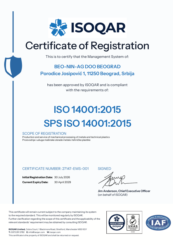 ISO 14001:2015 — ISOQAR sertifikat BeoNiN AG