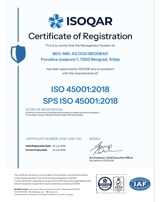 ISO 45001:2018 — ISOQAR sertifikat BeoNiN AG