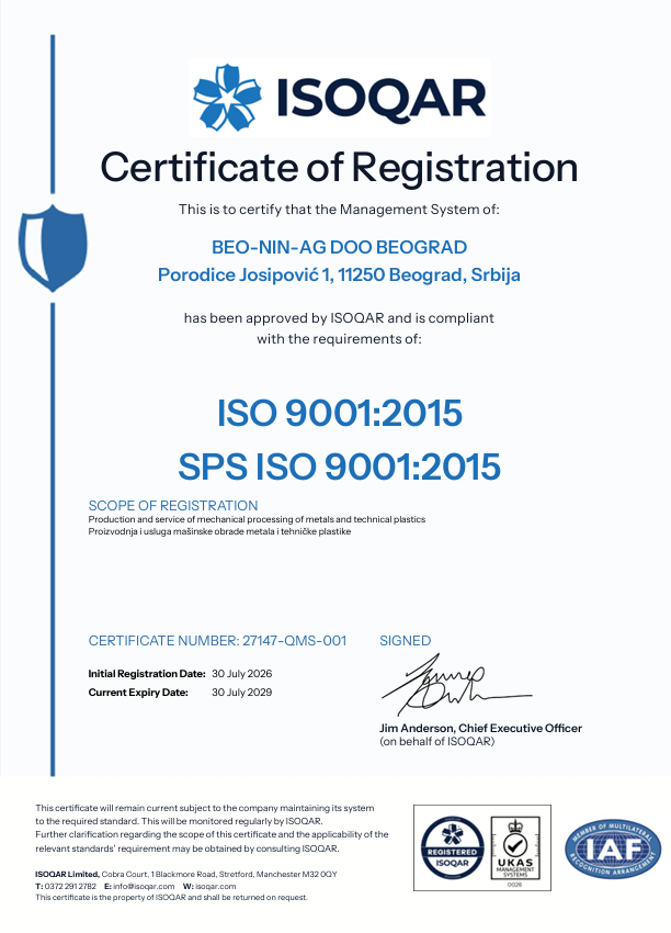 ISO 9001:2015 — ISOQAR sertifikat BeoNiN AG